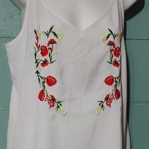 Elegant White Camisole with Red Floral Design